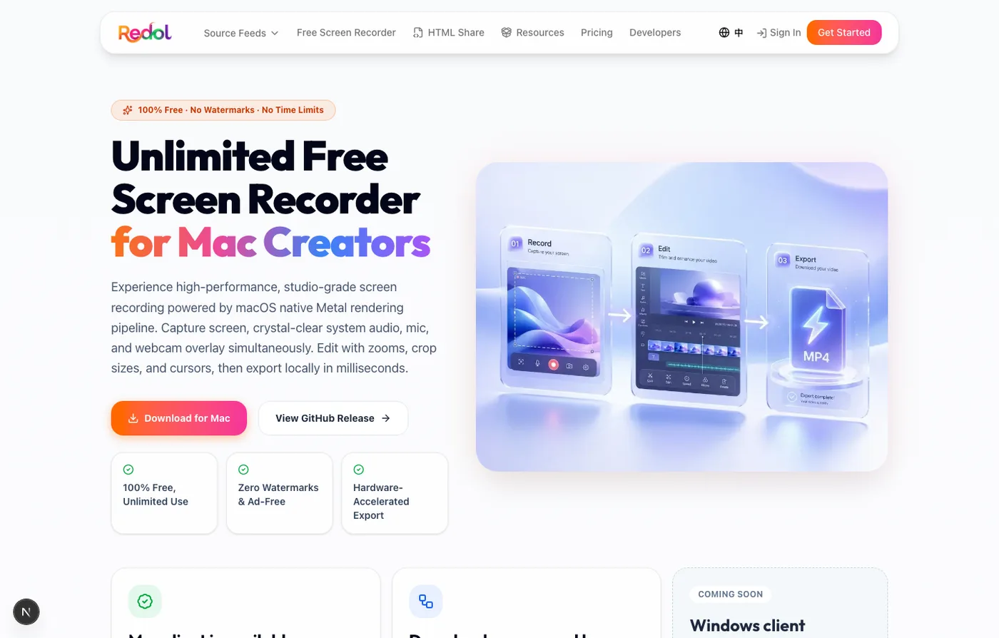 Rendered Redol Screen Recorder page showing the current Mac local recording workflow