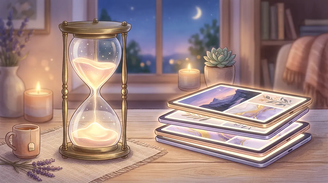 A soft, glowing illustration of an hourglass gently resting beside a stack of digital inspiration boards