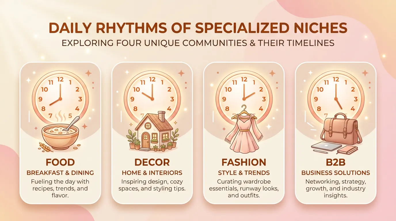 An infographic showing the different peak posting times for various creative niches on Pinterest