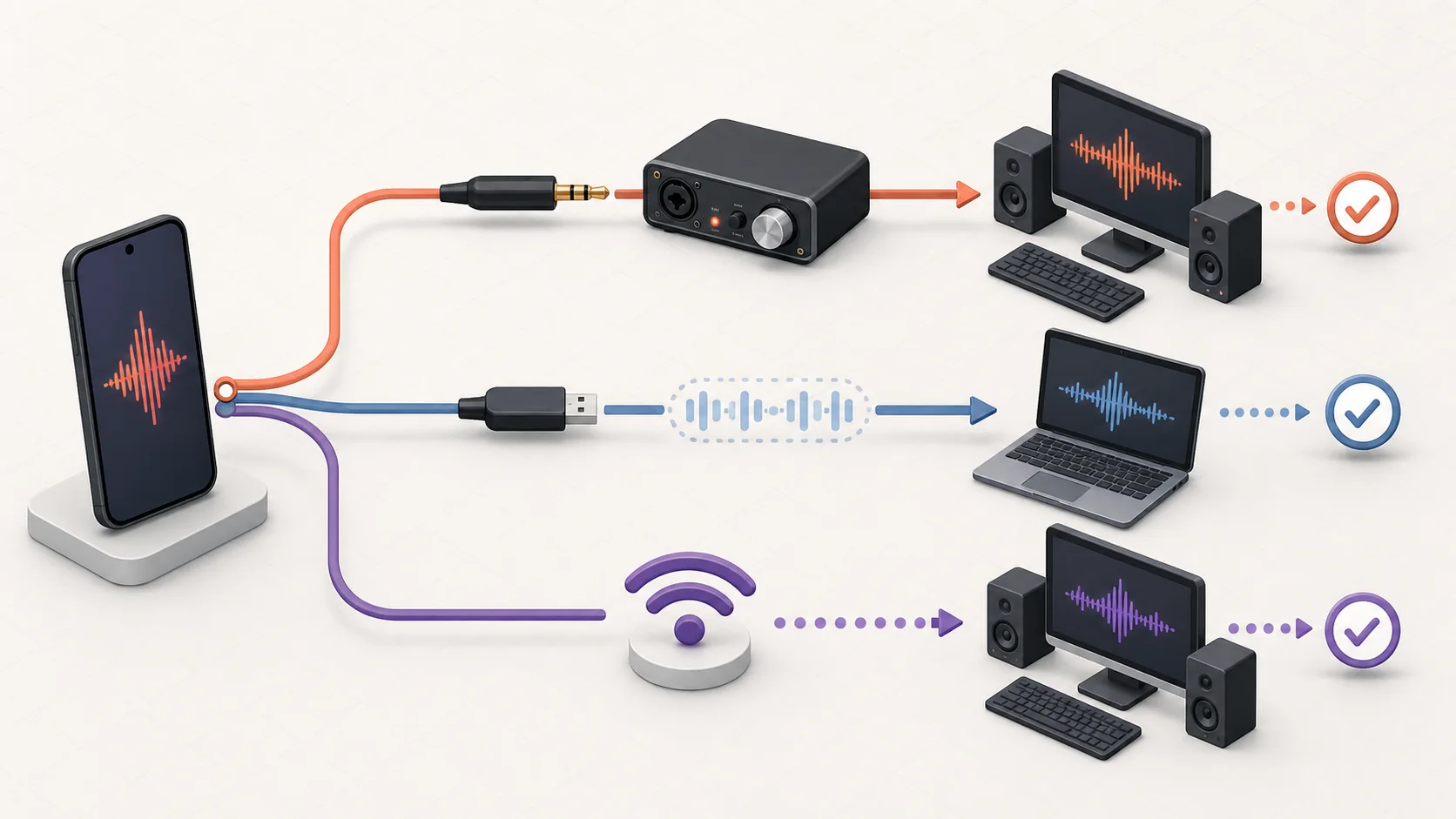 Three practical paths for routing Android audio to a computer through analog, USB, or Wi-Fi connections