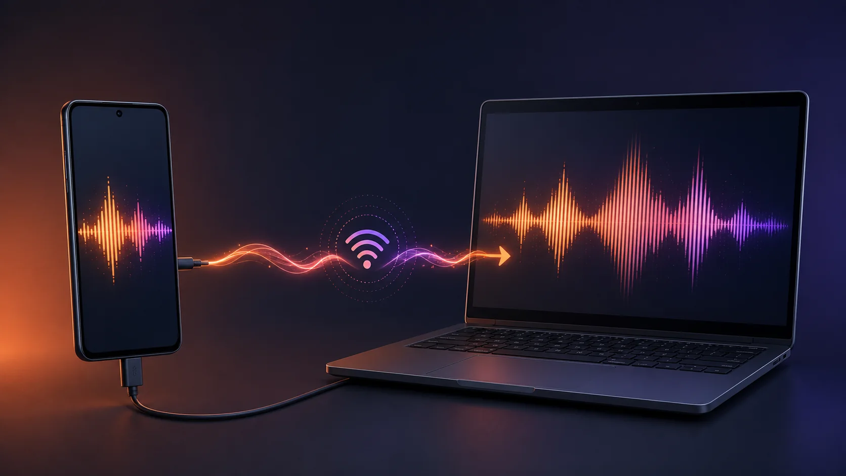 Android phone sending an audio waveform to a laptop over wired and wireless connections
