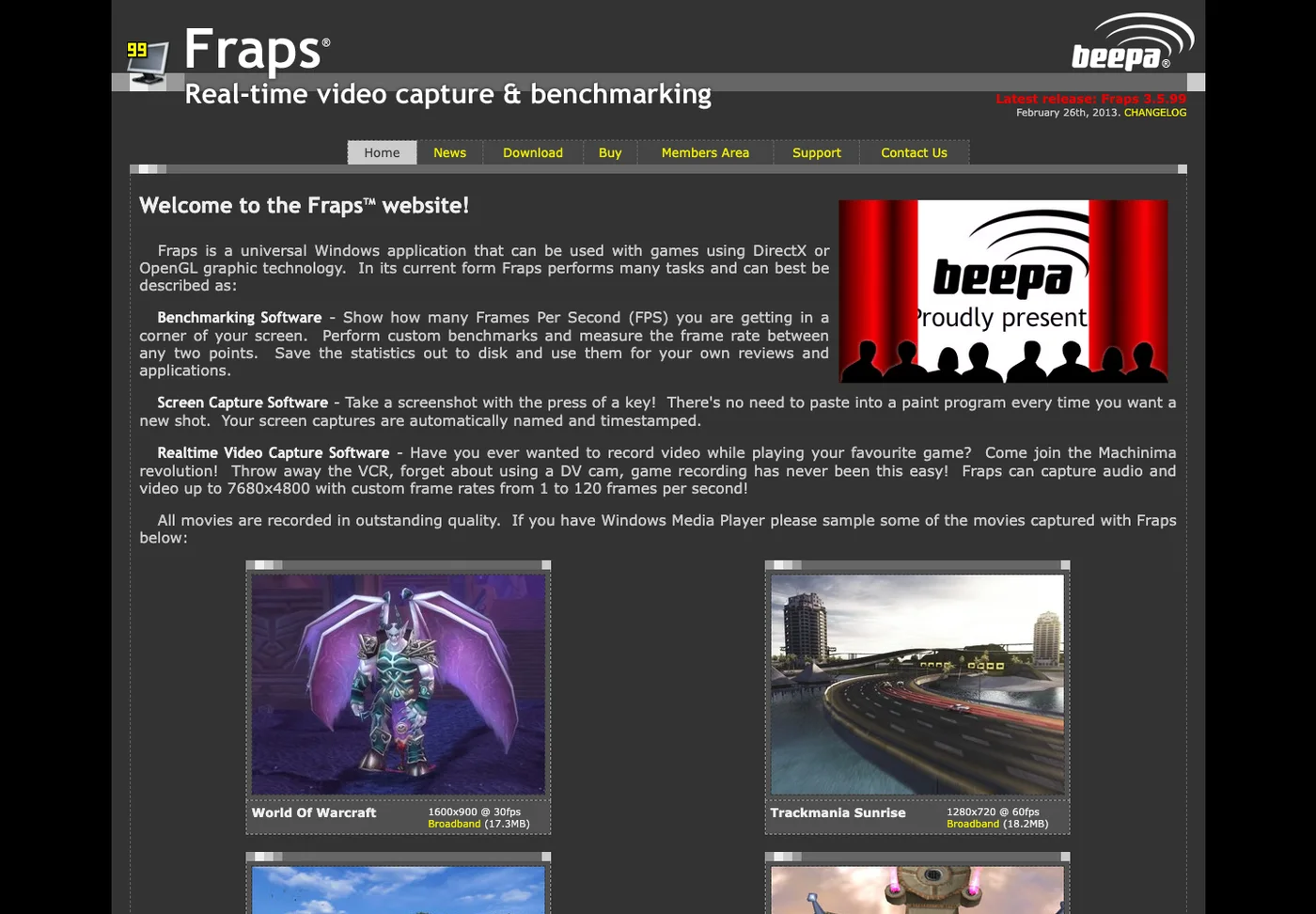 Official Fraps page describing Windows video capture, screenshots, and FPS benchmarking