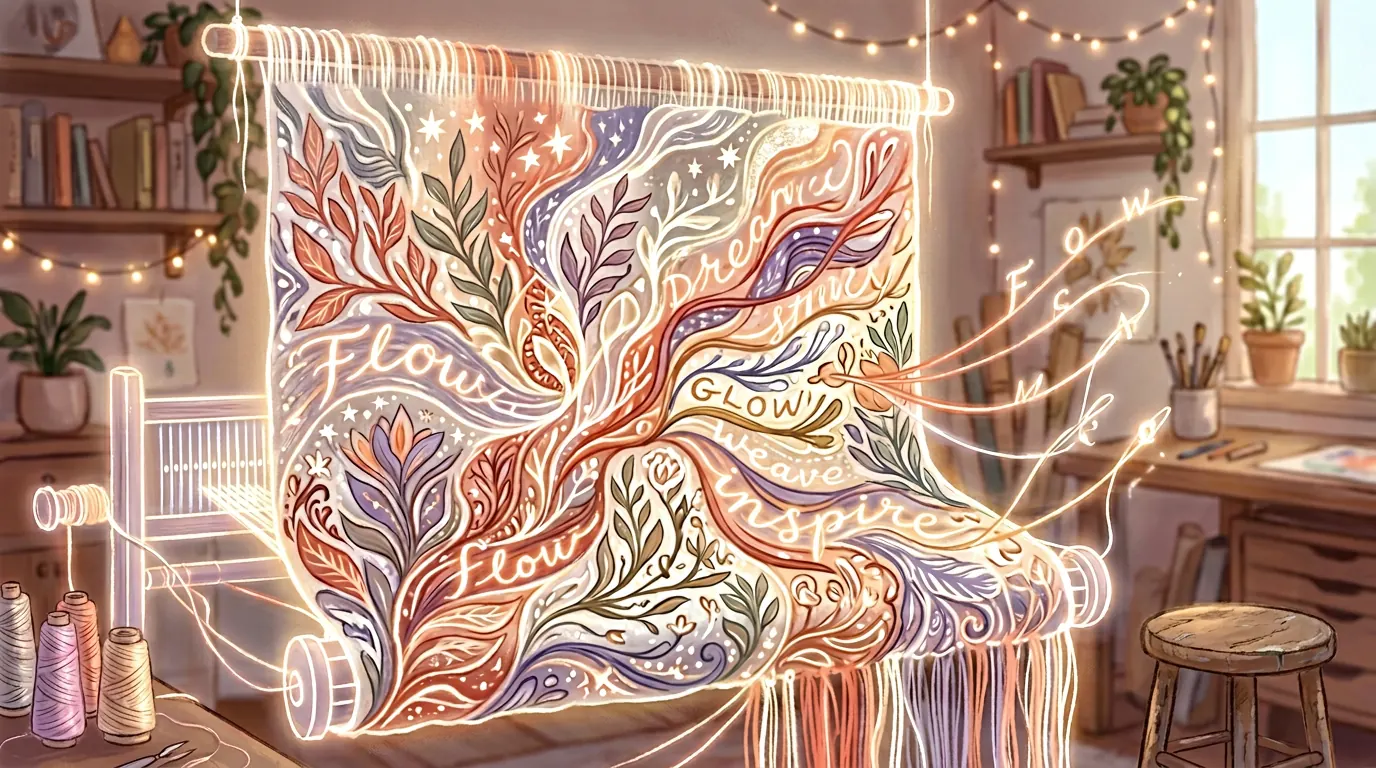 A soft illustration of glowing words being gently woven into a digital tapestry
