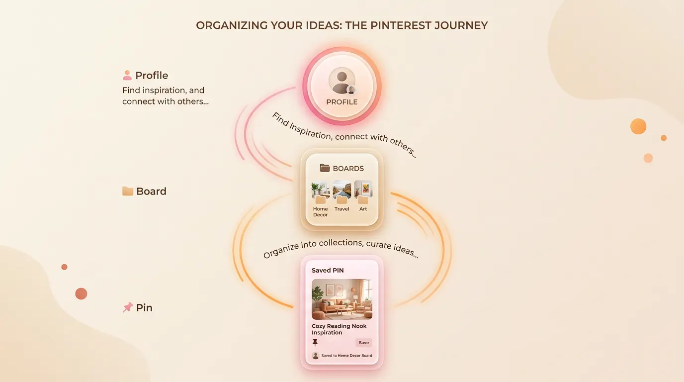 An infographic showing where to gently weave keywords into a Pinterest profile, board, and pin
