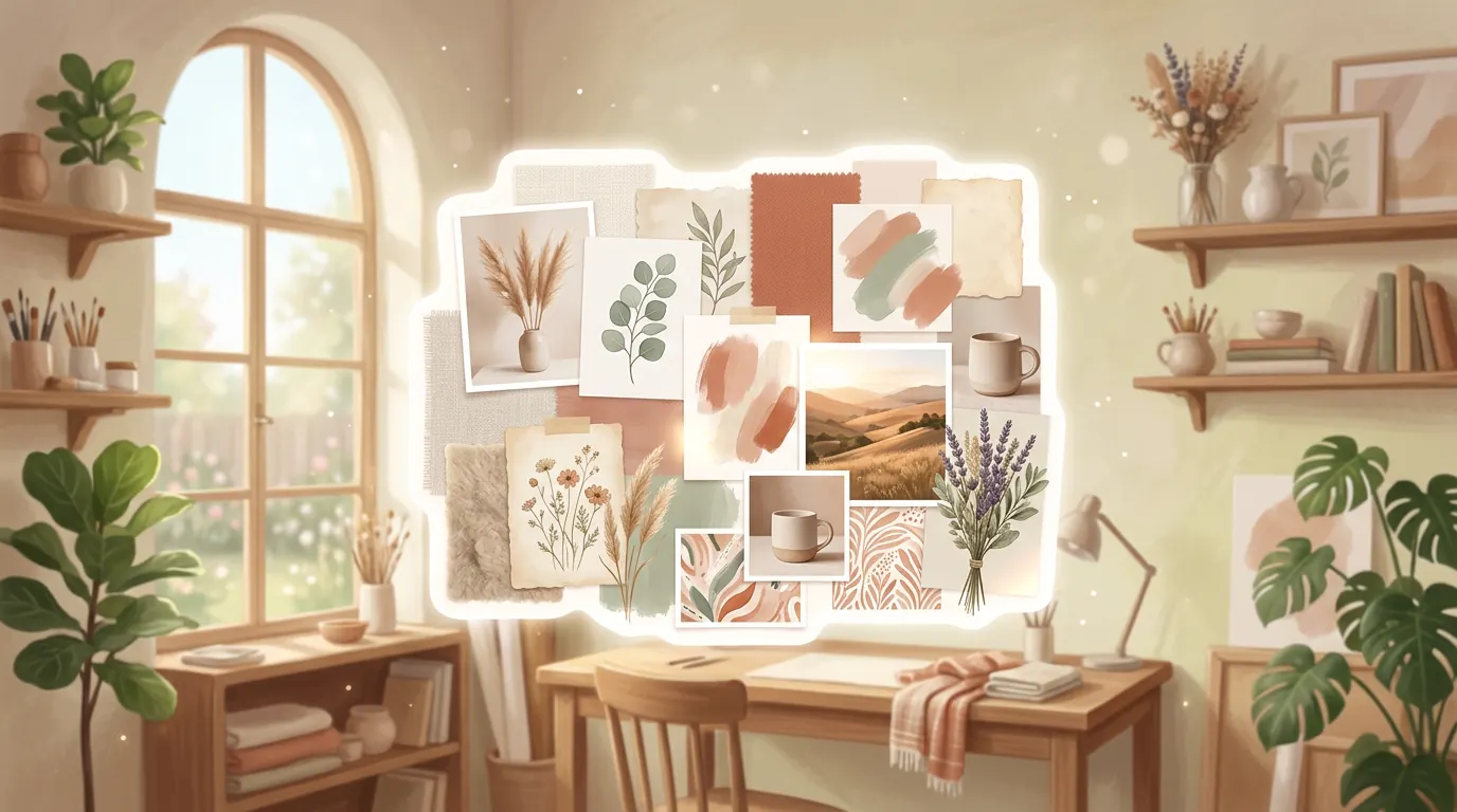 A soft, aesthetic illustration of a digital mood board floating in a serene, warmly lit studio space