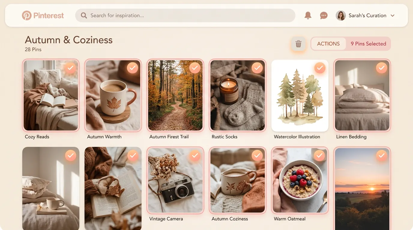 A visual flow showing how to organize and bulk-delete pins on the Pinterest interface