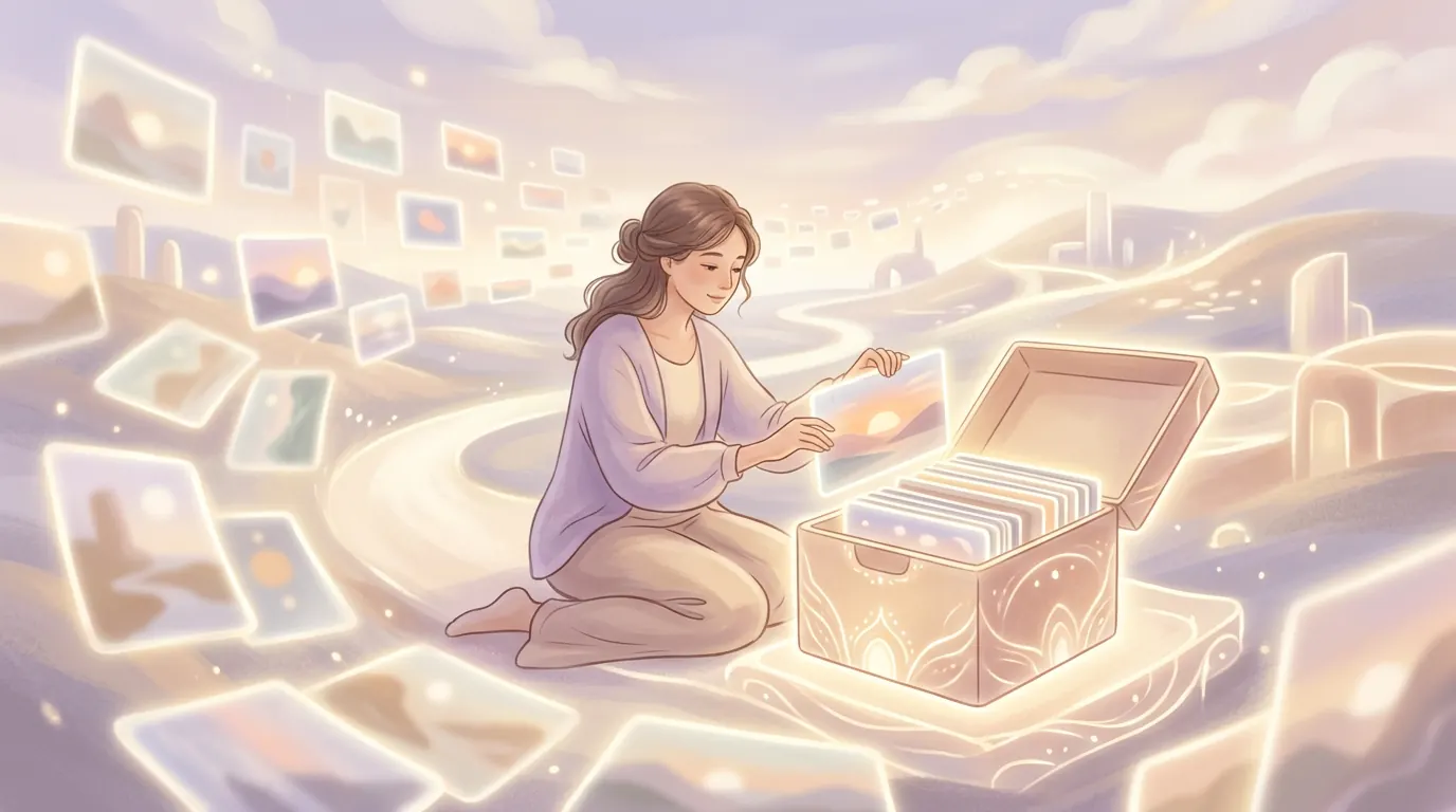 A gentle illustration of a person packing away digital folders into a neat, glowing box