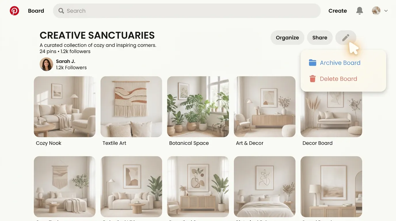 An interface diagram showing the gentle steps to delete or archive a Pinterest board