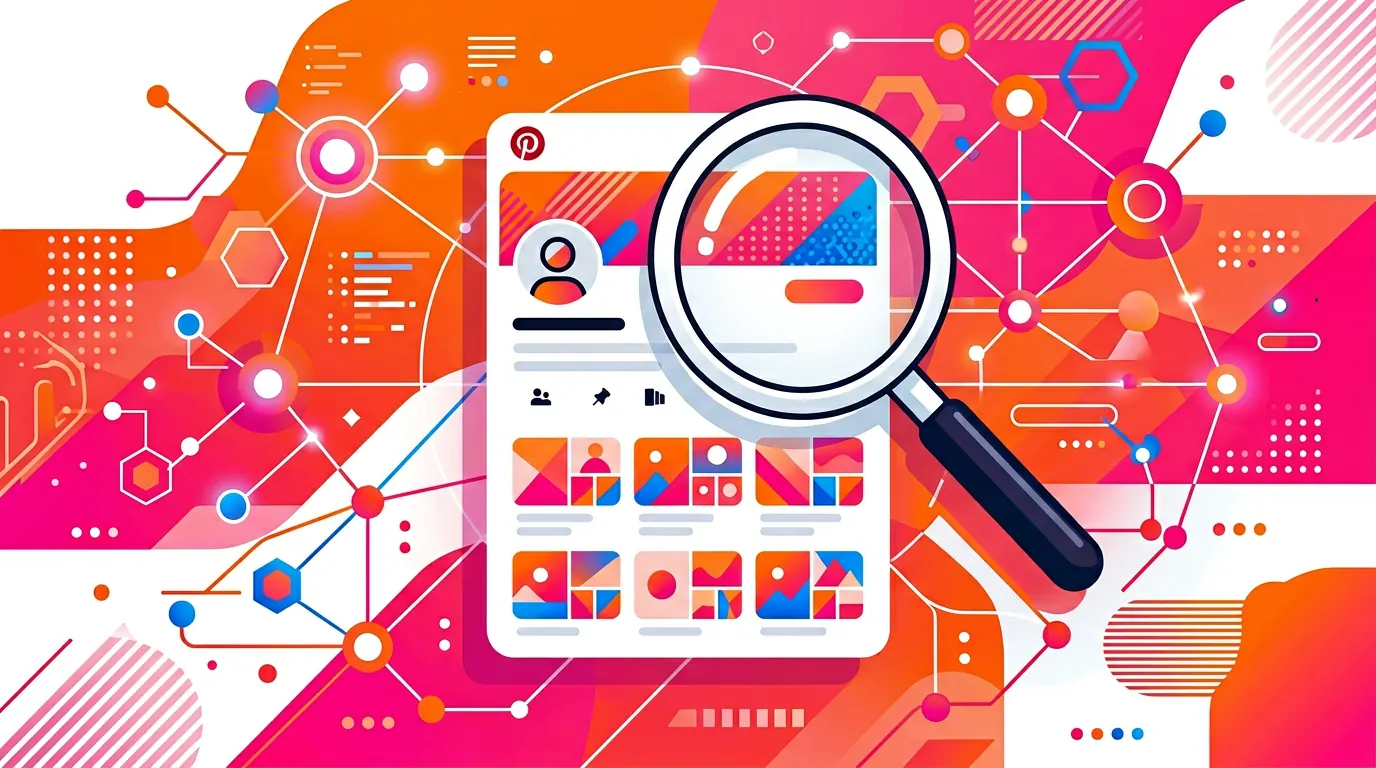 Magnifying glass over a Pinterest user profile card on a modern UI background