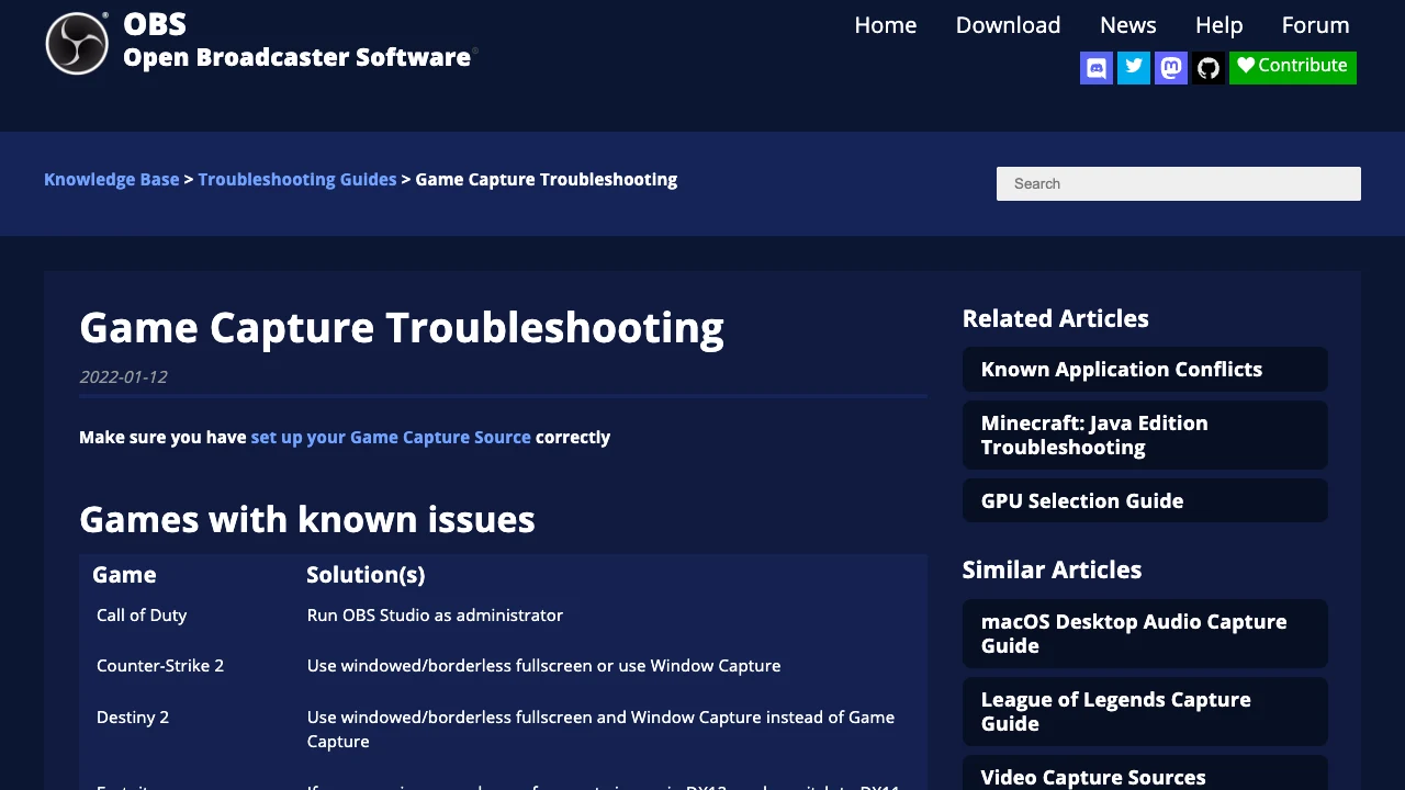 Official OBS Game Capture Troubleshooting page showing known issues and source-specific fixes