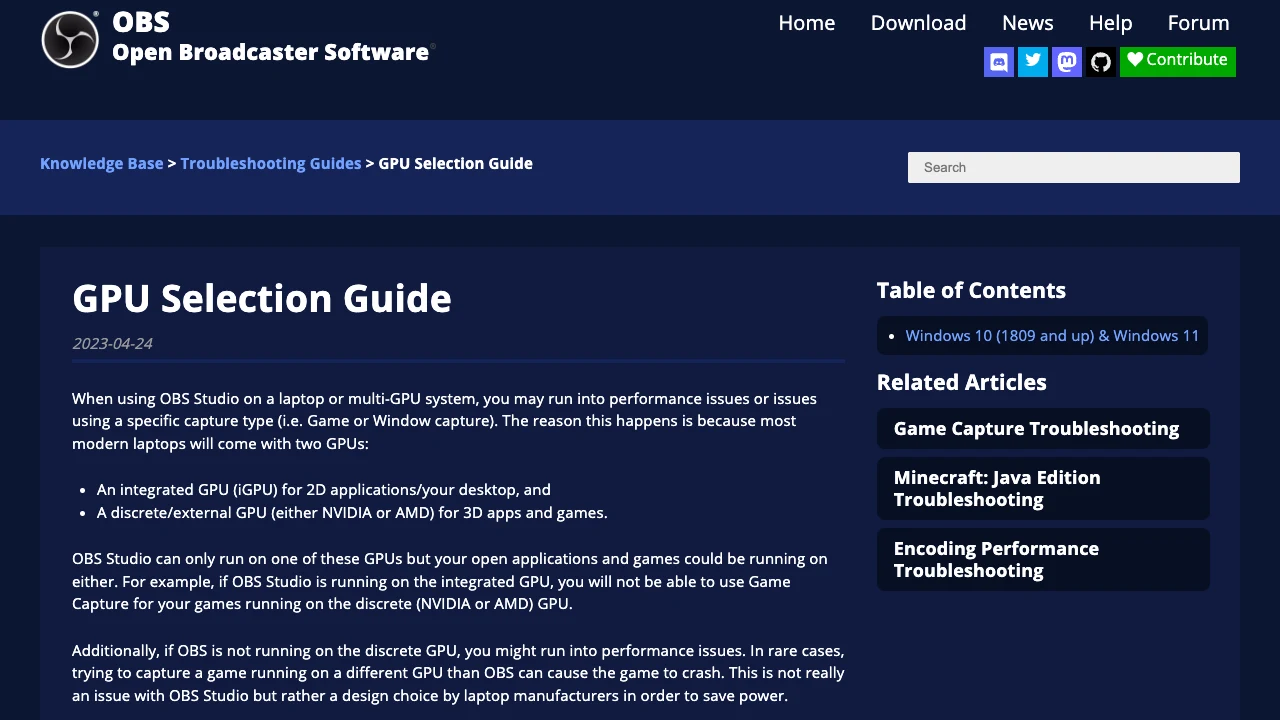 Official OBS GPU Selection Guide explaining integrated and discrete GPU capture conflicts