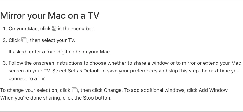 Apple Support instructions for selecting a TV and choosing window sharing, mirroring, or an extended display