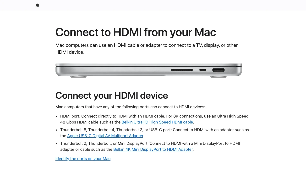 Apple Support page showing direct HDMI and USB-C adapter connection choices for a Mac