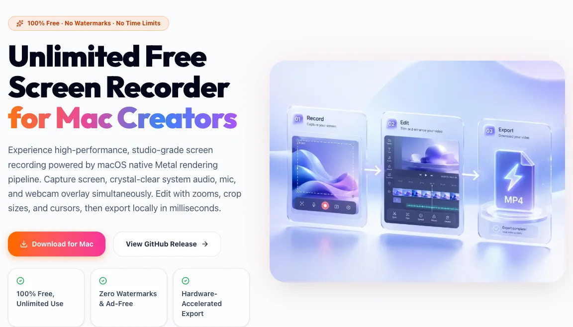 Locally rendered Redol Screen Recorder page showing the current Mac-only recording and export workflow