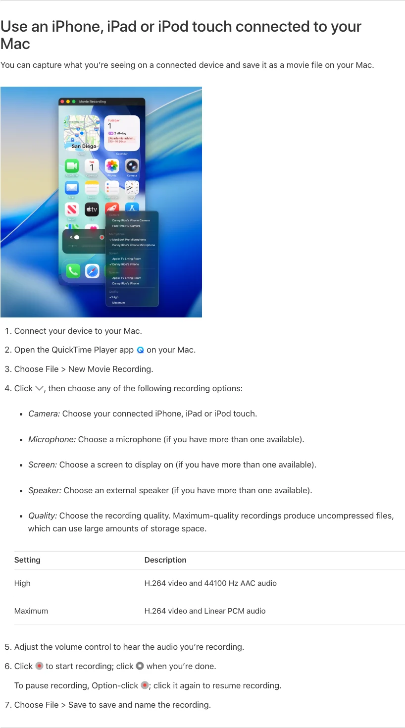 Apple's official QuickTime Player guide showing the connected iPhone capture workflow and recording options