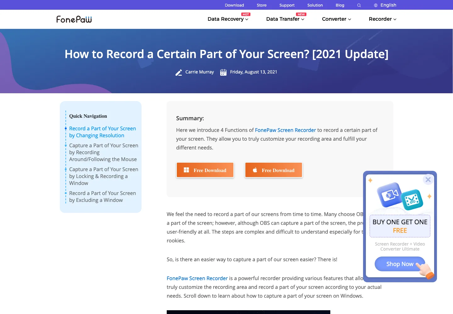 FonePaw article about recording a certain part of the screen