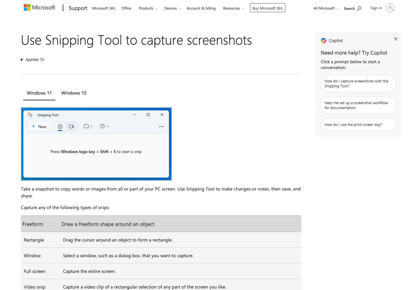 Microsoft support page for Snipping Tool screen capture and recording