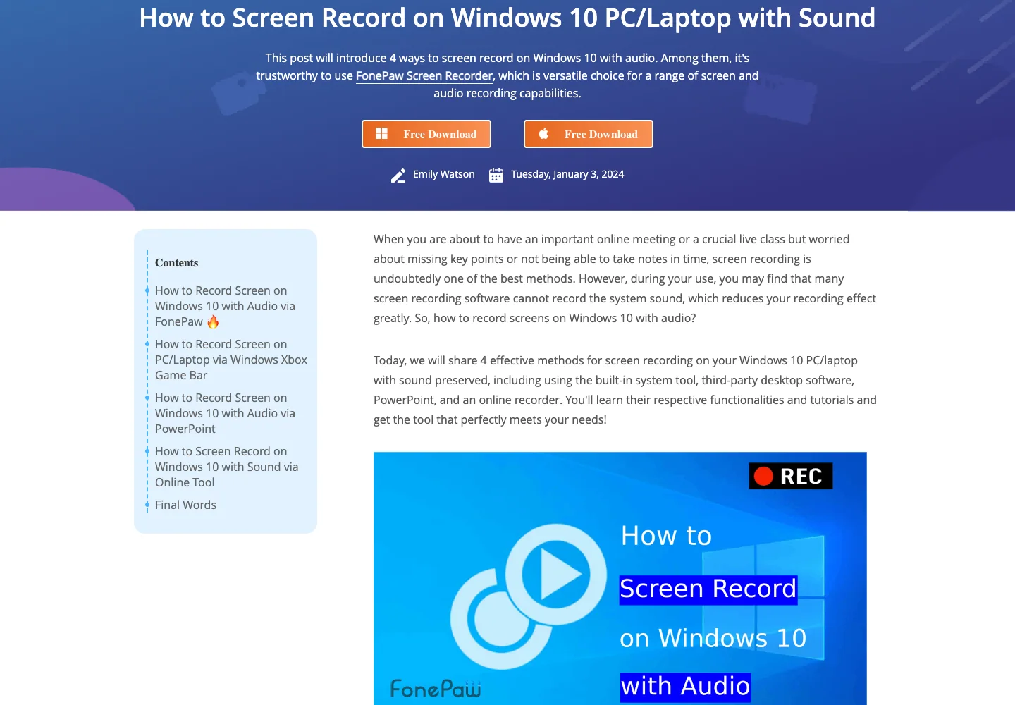 FonePaw public Windows 10 audio recording article showing its four-method structure