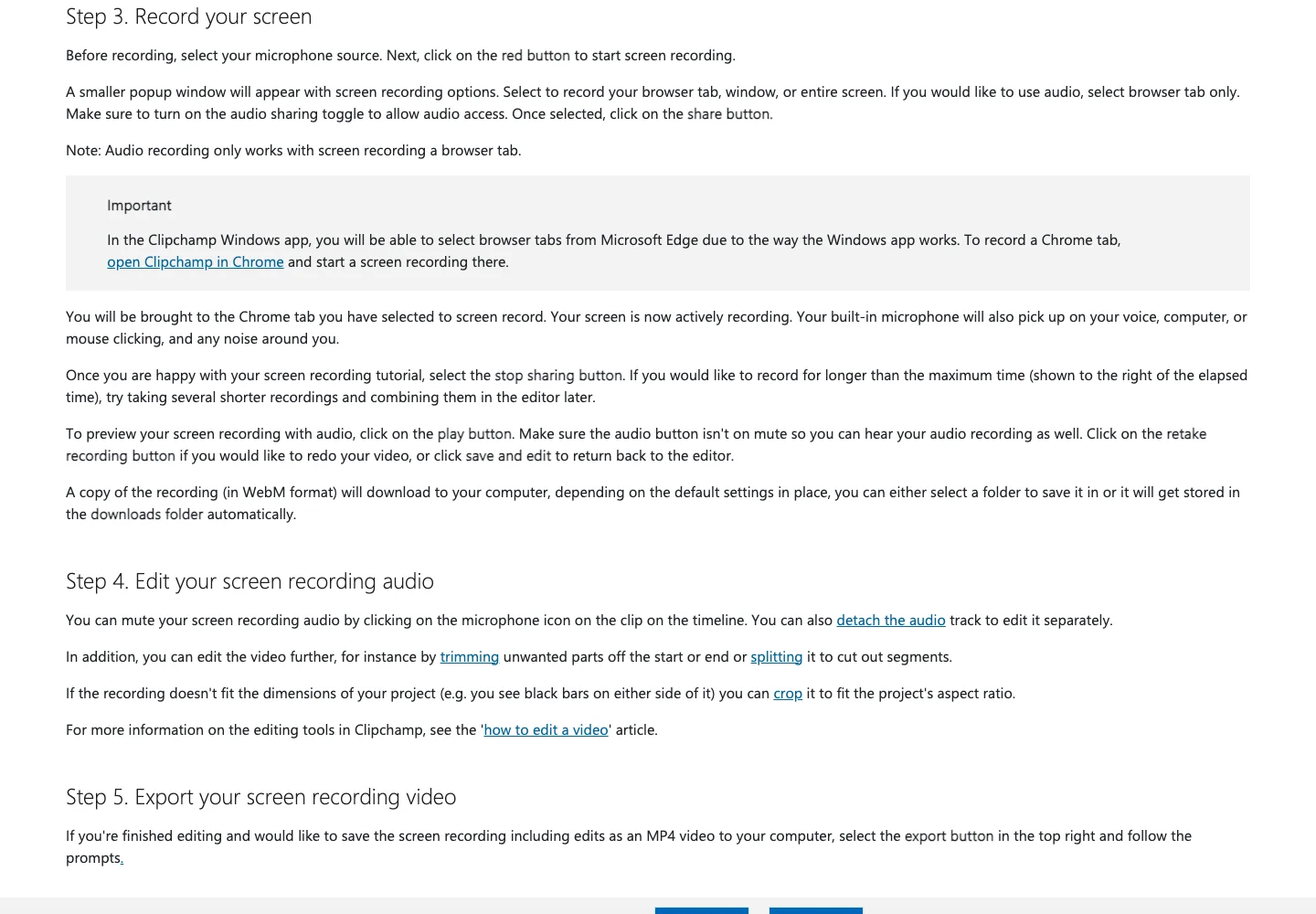 Microsoft Clipchamp instructions showing its screen and audio recording workflow