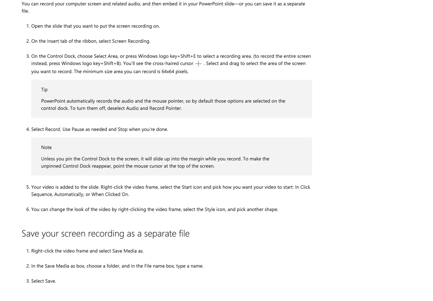 Microsoft PowerPoint support page showing its selected-area screen recording controls