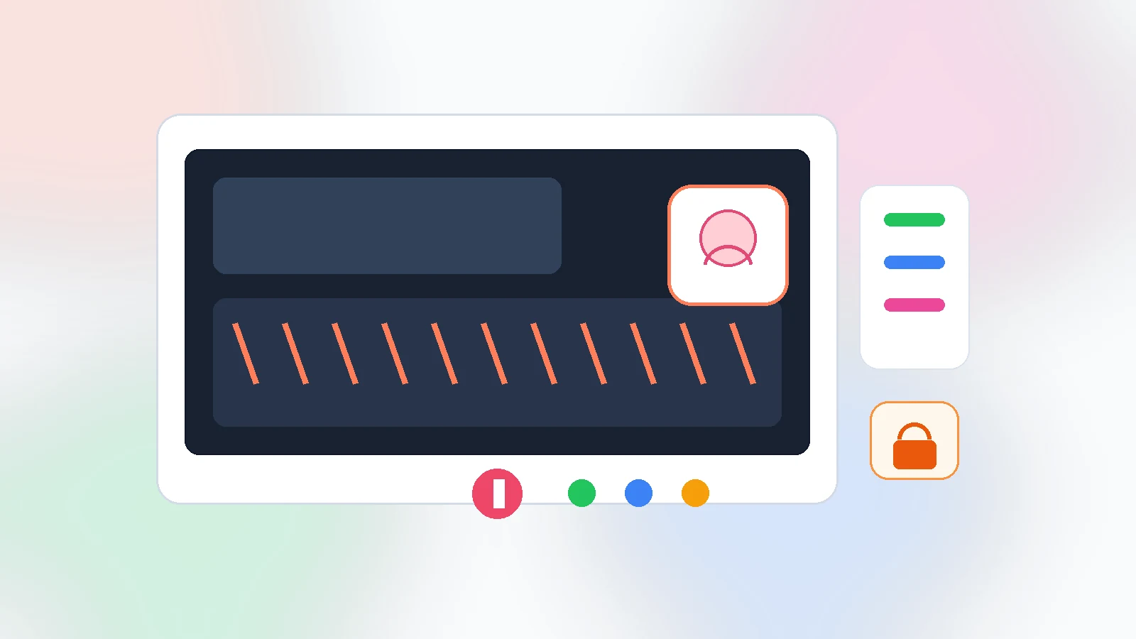 Screen recording workflow with a facecam bubble, audio indicators, and local export controls