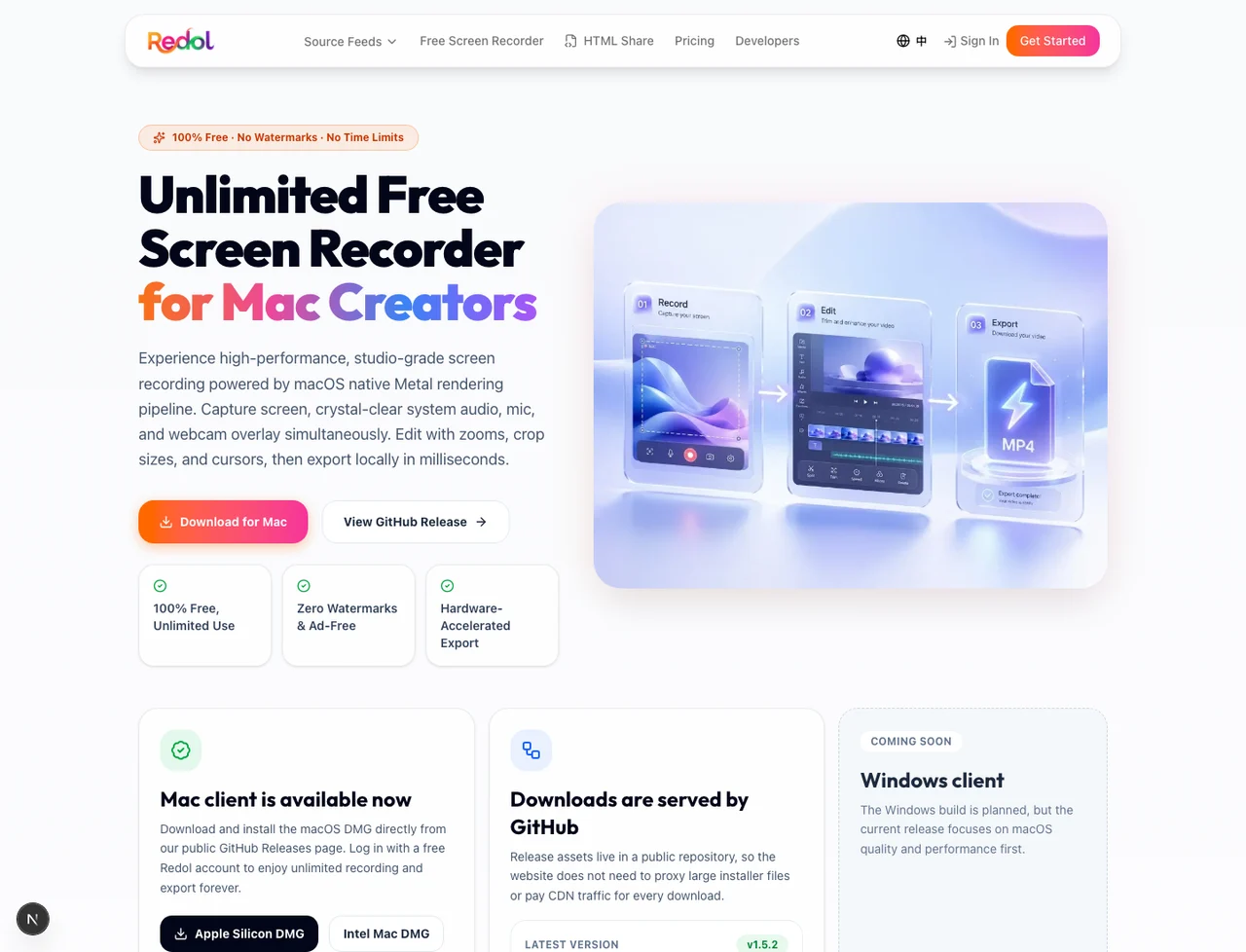 Rendered Redol Screen Recorder product page showing Mac recording, webcam overlay, and local export positioning