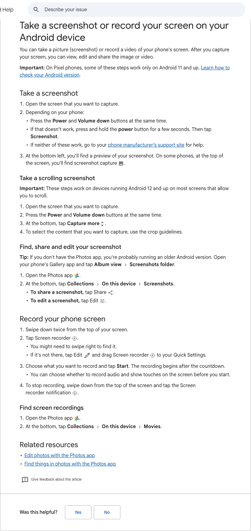 Android Help steps for opening Screen recorder, choosing audio, and finding the saved video