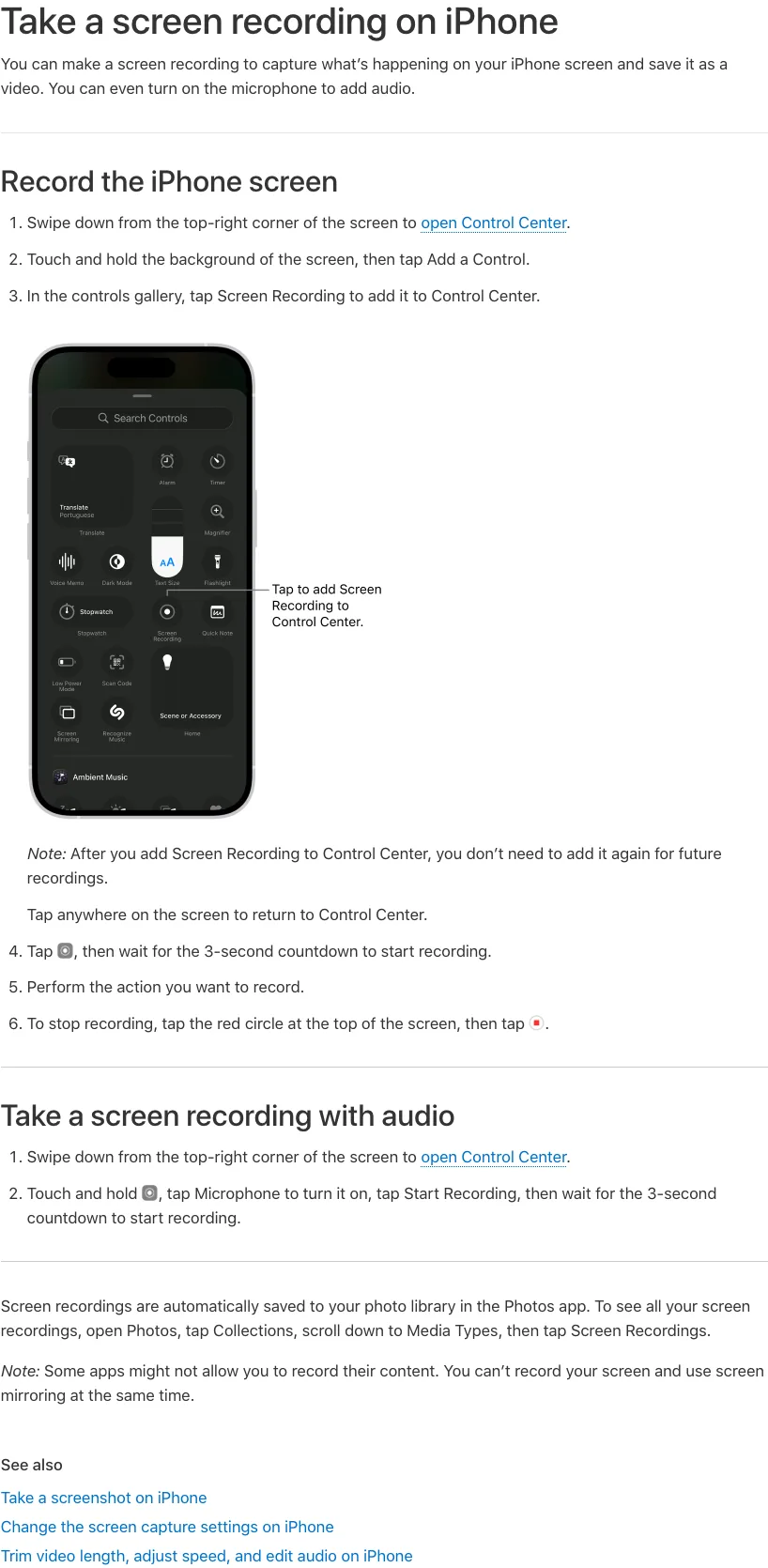 Apple Support steps for recording an iPhone screen and enabling microphone audio