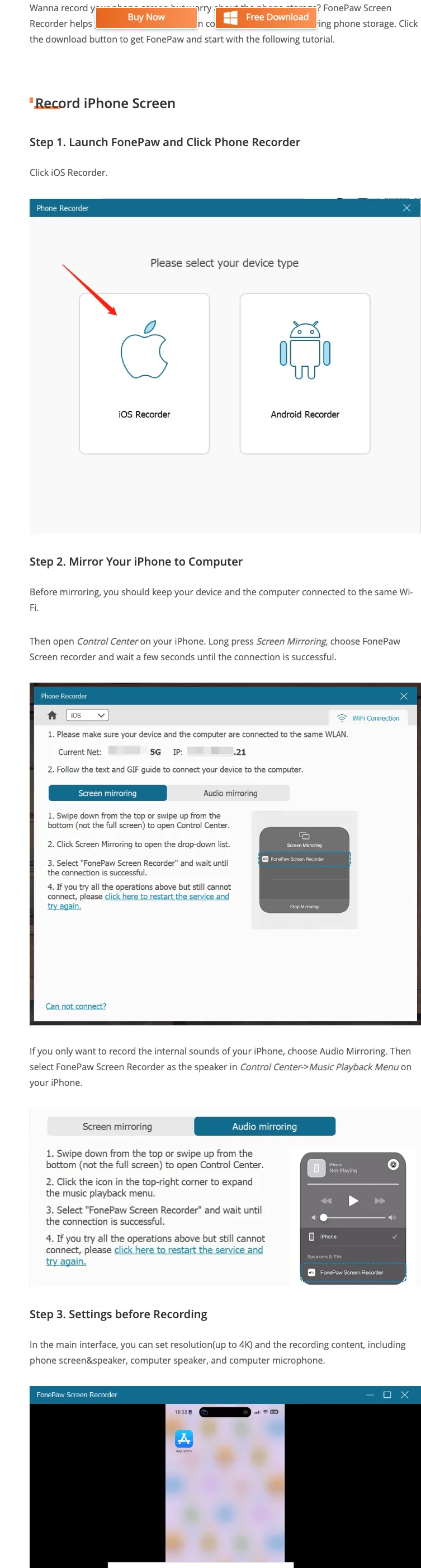FonePaw public phone recorder guide showing iPhone and Android selection and computer mirroring steps