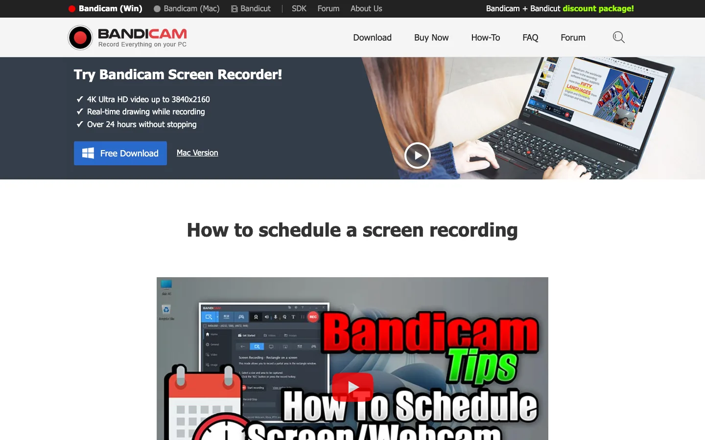 Official Bandicam guide for scheduling a screen recording at a specific time