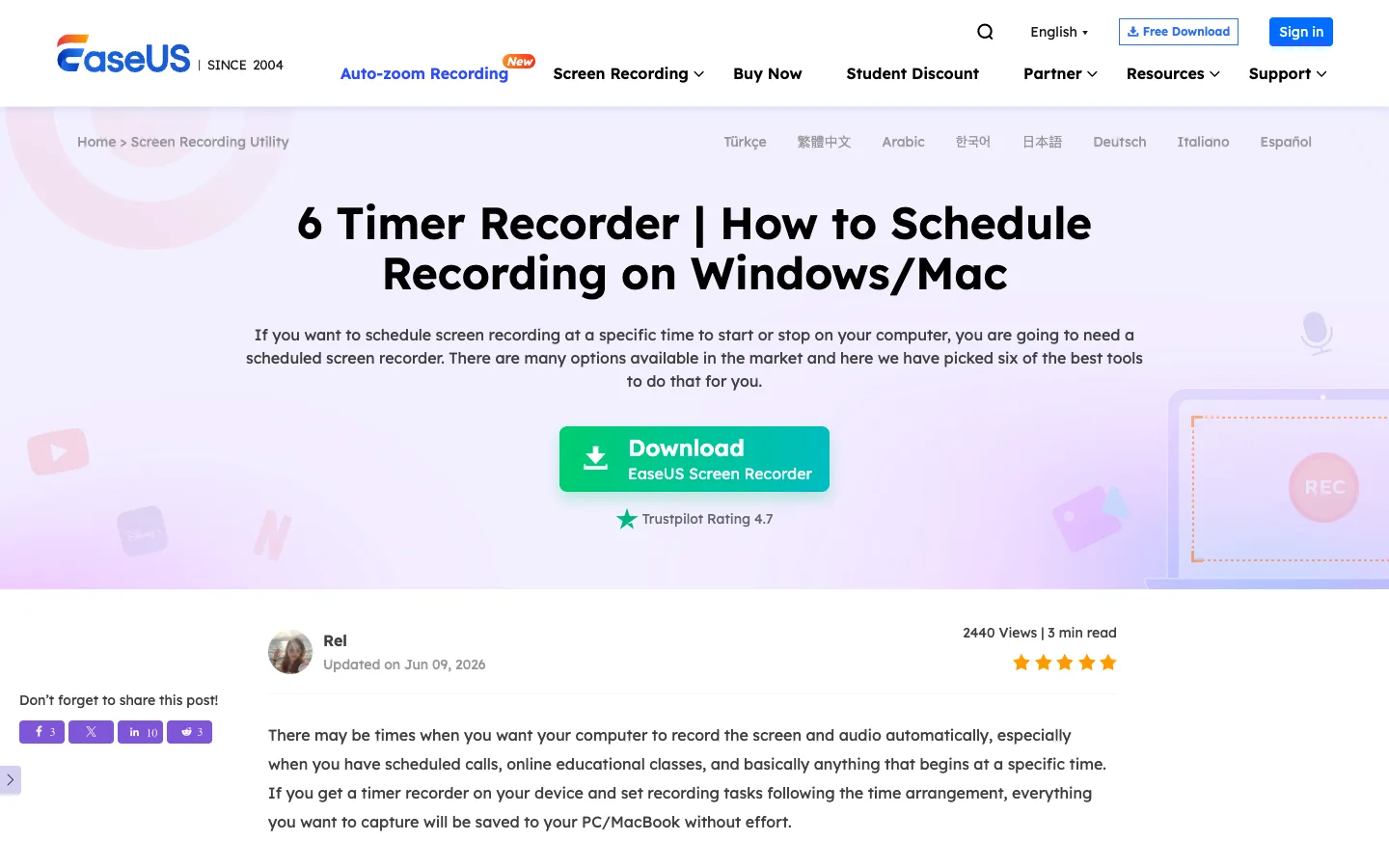 Official EaseUS page explaining scheduled recording on Windows and Mac