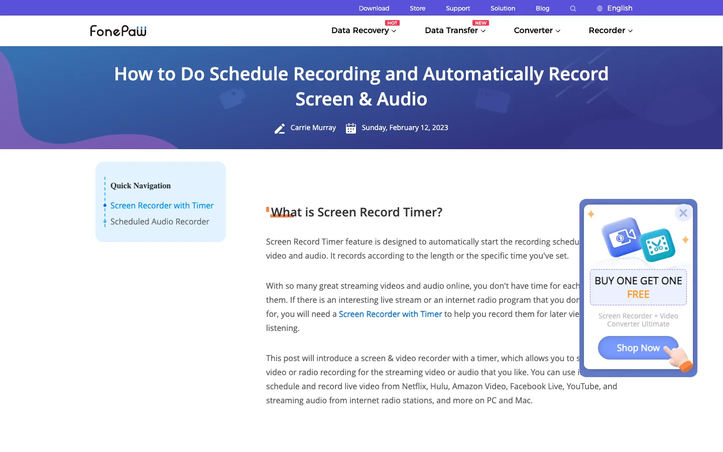 Official FonePaw page explaining scheduled screen and audio recording