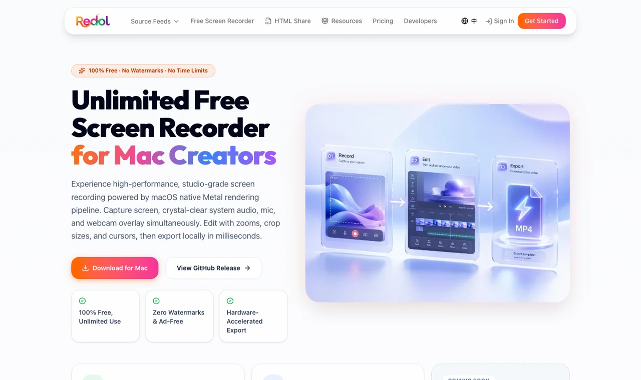 Locally rendered Redol Screen Recorder page showing the current Mac-first product route