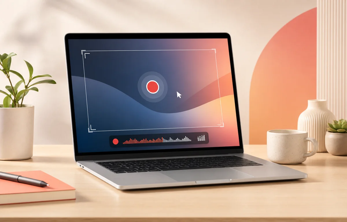 A laptop displaying a clean screen recording frame and audio waveform