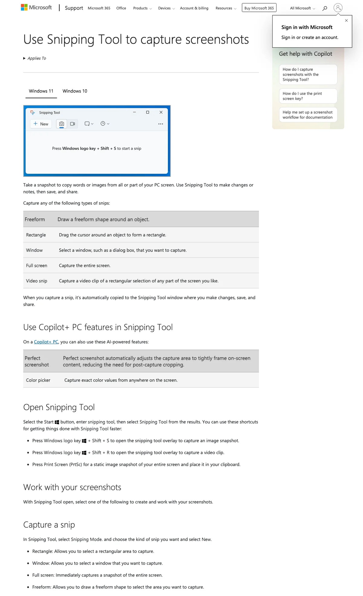 Microsoft Support page showing the current Windows 11 Snipping Tool video-snip option and shortcut