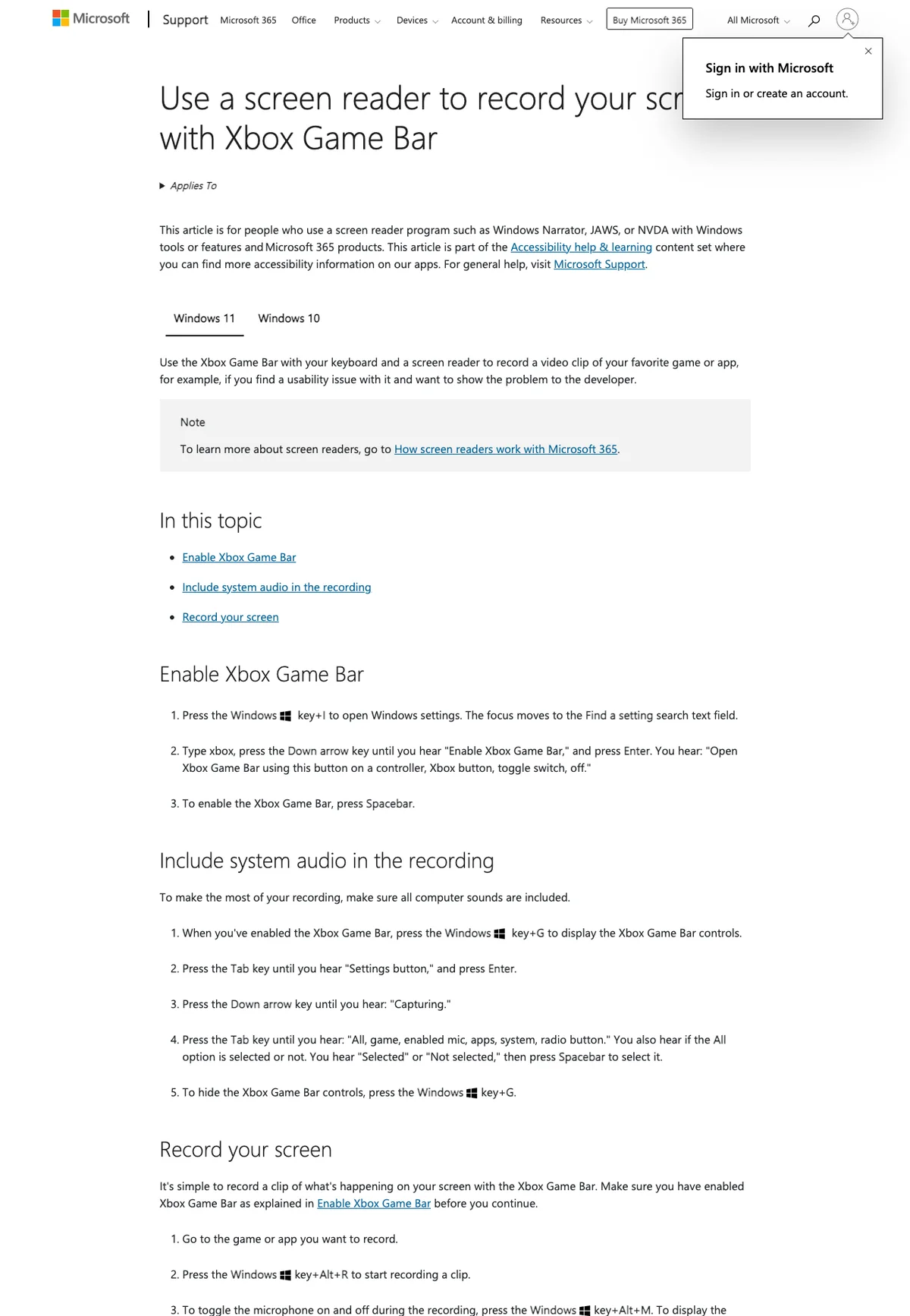 Microsoft Support instructions for enabling Xbox Game Bar, including system audio, and starting an app recording