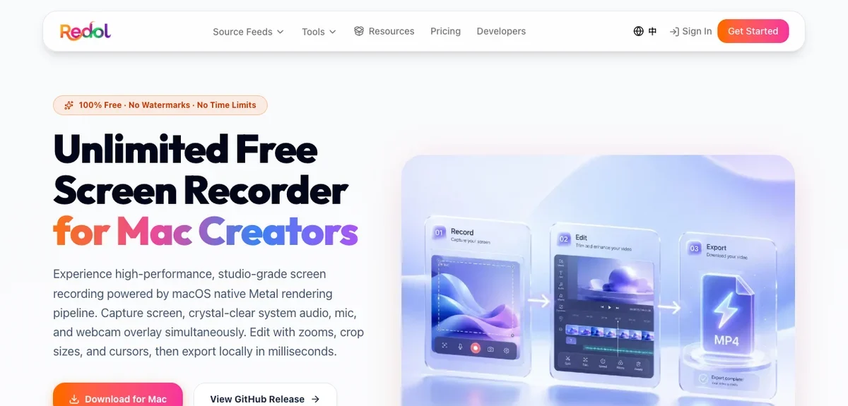 Locally rendered Redol Screen Recorder page clearly positioning the current product for Mac creators