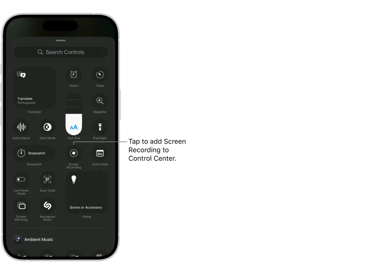 Apple official controls gallery showing where to add Screen Recording to Control Center