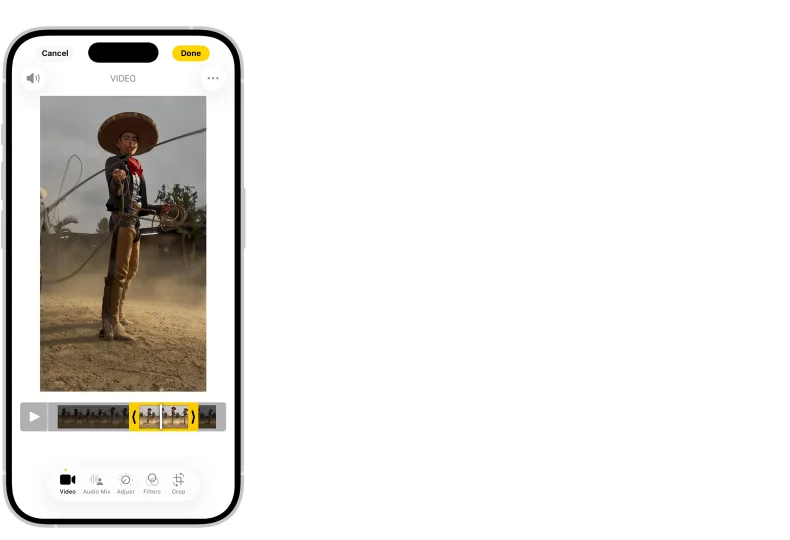Apple official Photos editing screen with timeline handles for trimming an iPhone video