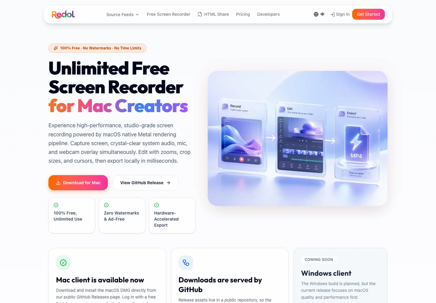 Redol Screen Recorder product page showing Mac system audio recording and local export