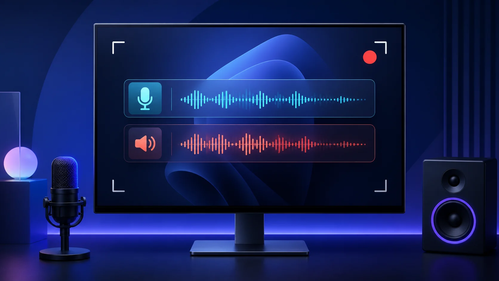 A desktop recording setup separating microphone narration from system audio