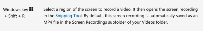 Microsoft Support documents Windows Shift R as the Windows 11 shortcut for selecting a screen recording region
