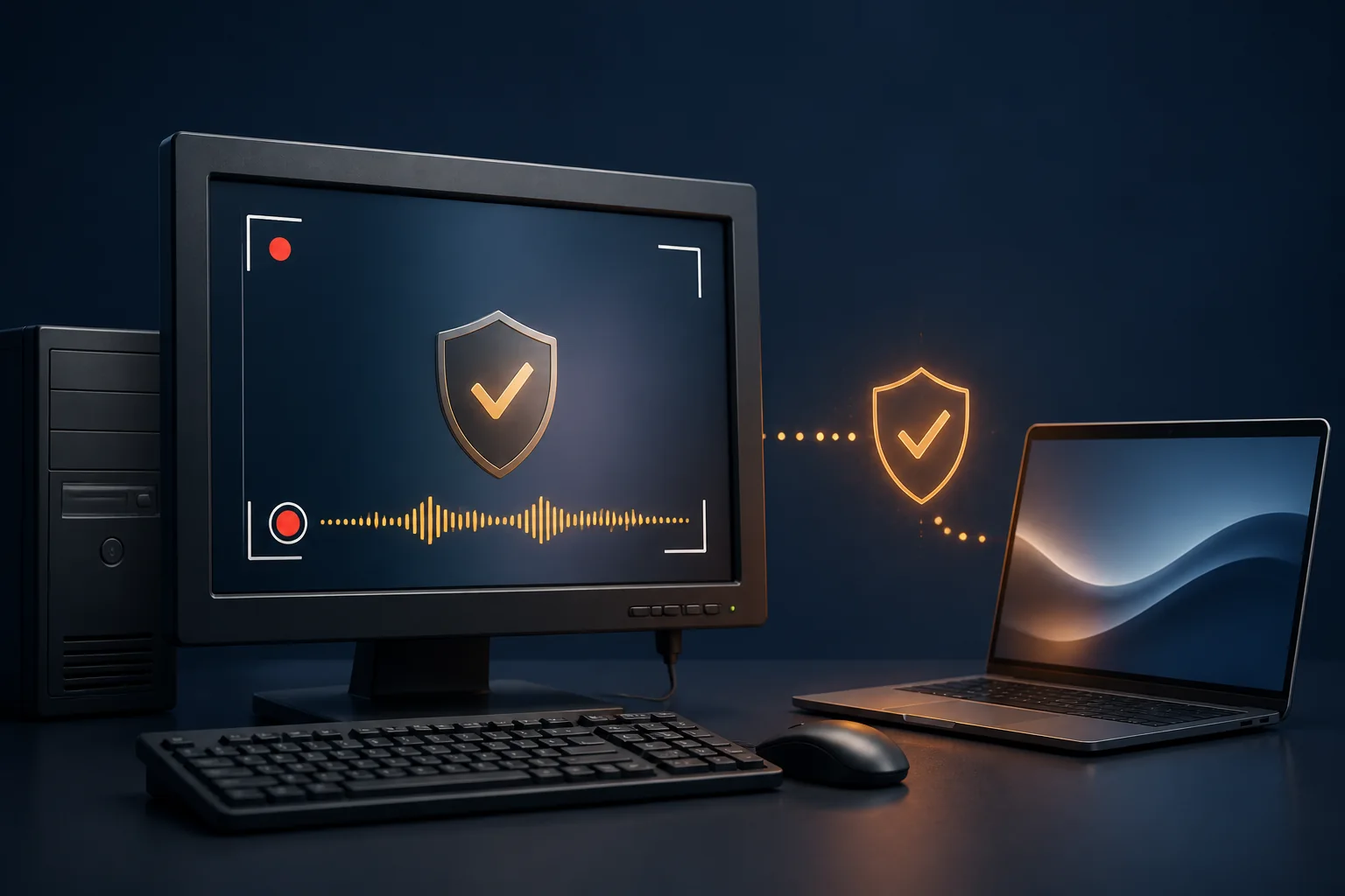 A legacy desktop and modern laptop connected by a secure screen-recording workflow