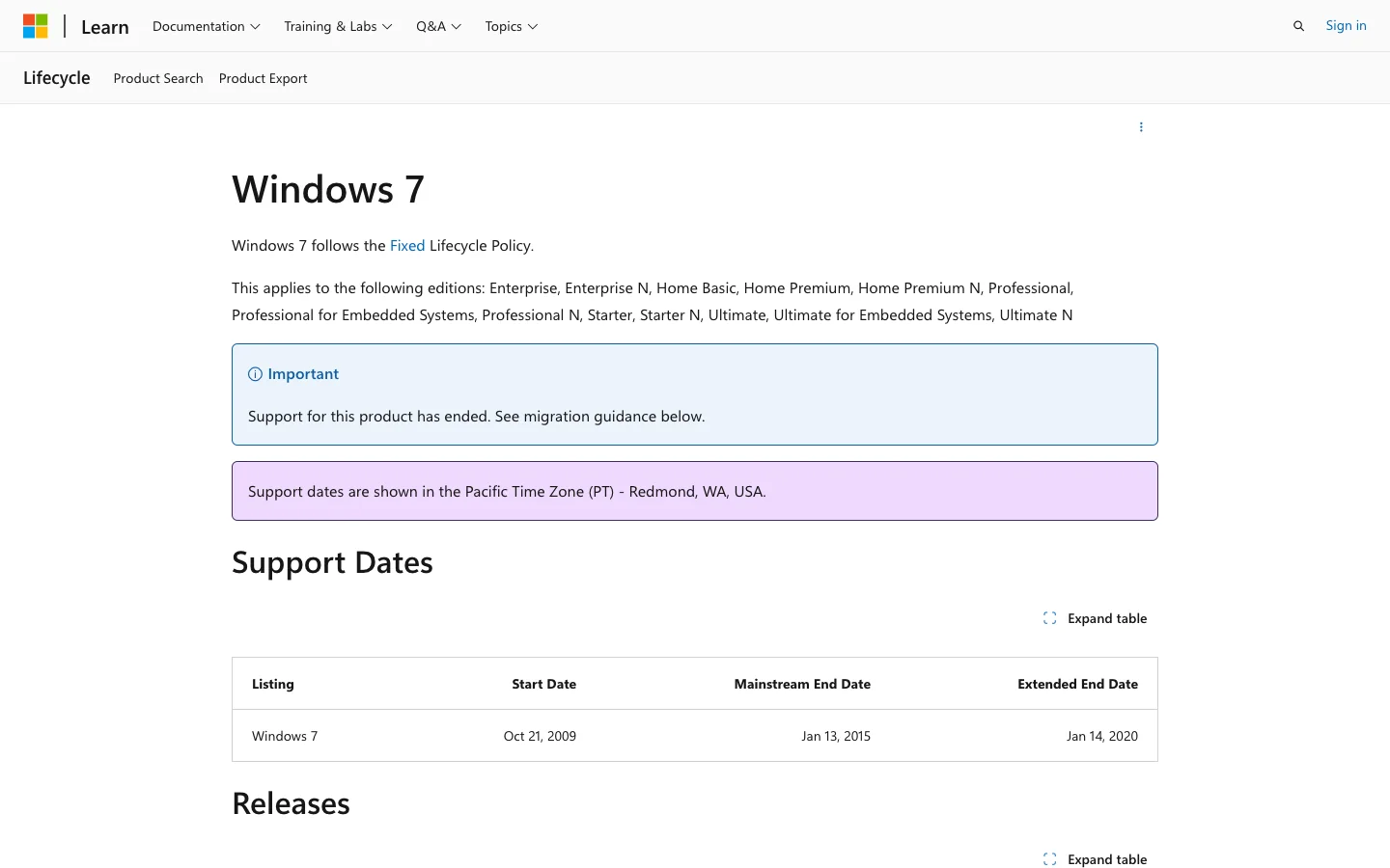 Microsoft Lifecycle page showing that Windows 7 support ended and extended support ended January 14, 2020