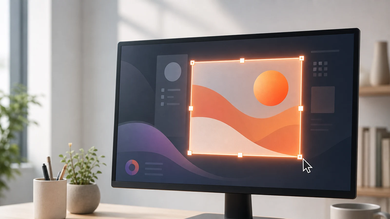 A desktop monitor with a precise rectangular screenshot selection highlighted on the screen