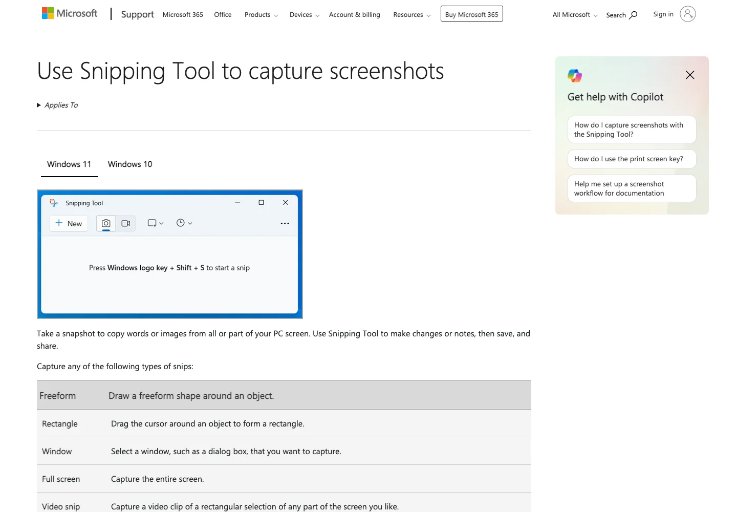 Microsoft Support page showing the Windows 11 Snipping Tool and its supported capture modes