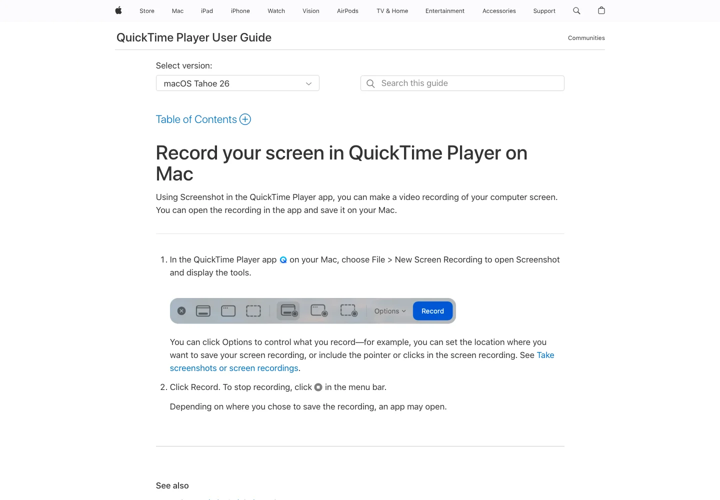 Apple QuickTime Player guide showing the screen recording stop workflow