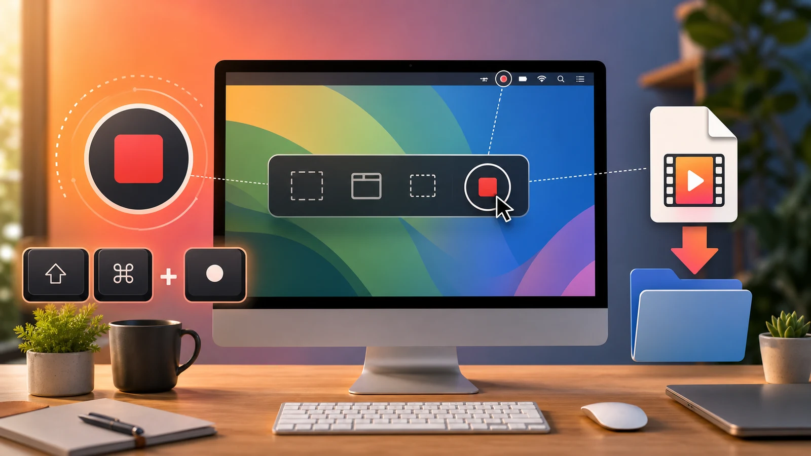 Mac recording workflow with stop controls, keyboard shortcut, and local video export