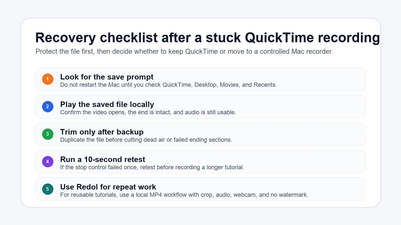 Recovery checklist for a stuck QuickTime screen recording