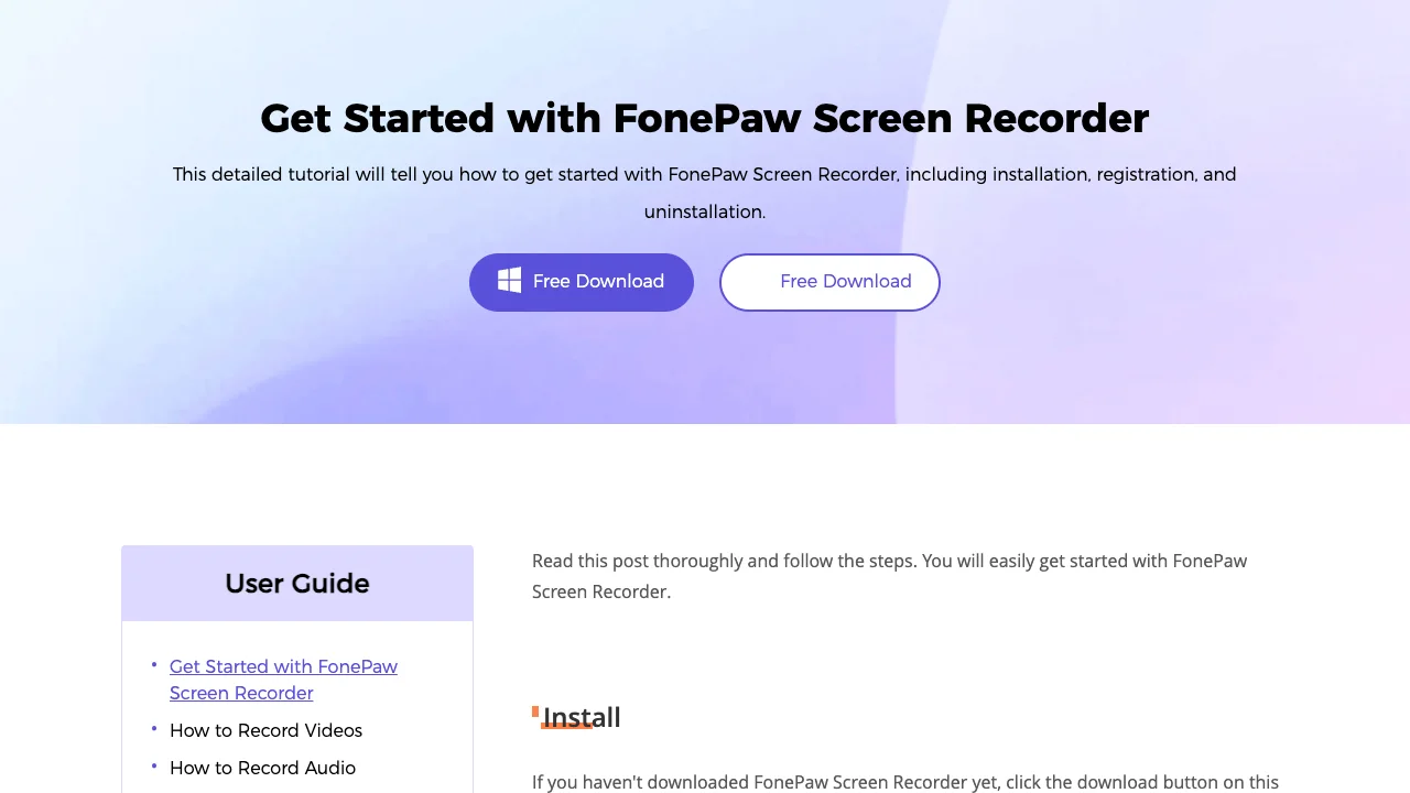 FonePaw official getting-started page showing its user-guide navigation and install section